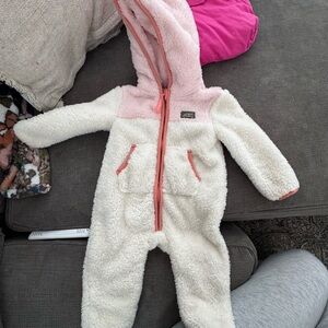 Eddie Bauer Cream Sherpa Hooded Baby Romper with Pink Trim